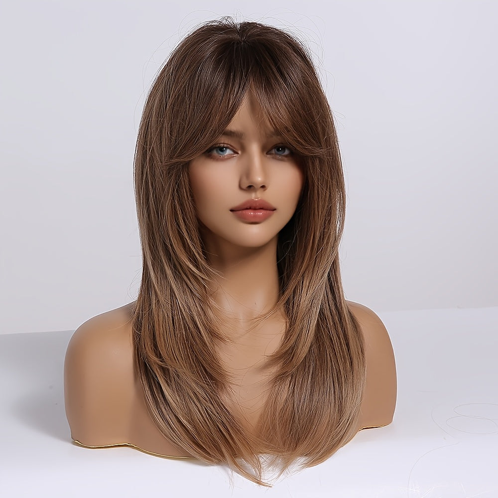 Chic Brown Layered Wig with Bangs - Short, Straight Synthetic Hair for Women, Matte Finish, High-Temperature Resistant, 150% Density, Rose Net Cap - Ideal Gift